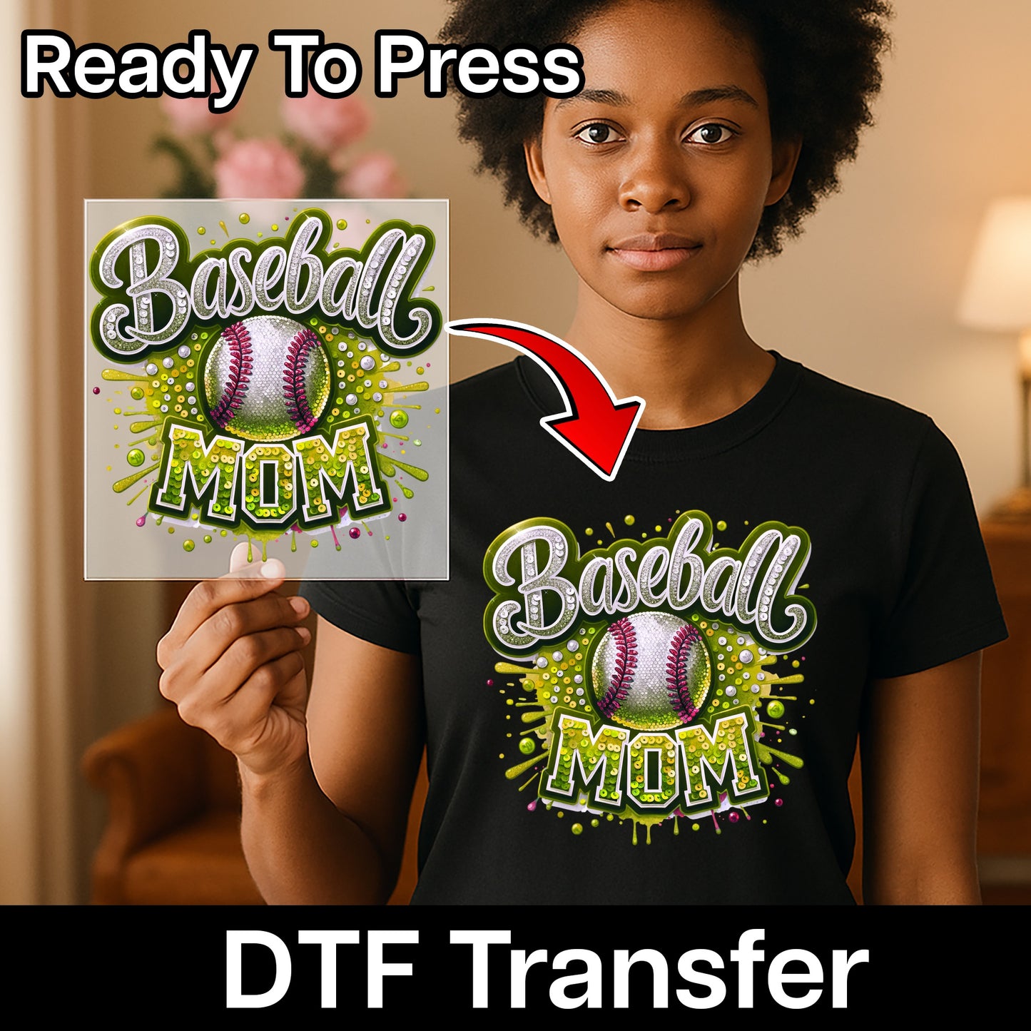 Glitzy Baseball Mom DTF Transfer Ready To Press Iron-On for Cute Sports T-Shirt Apparel