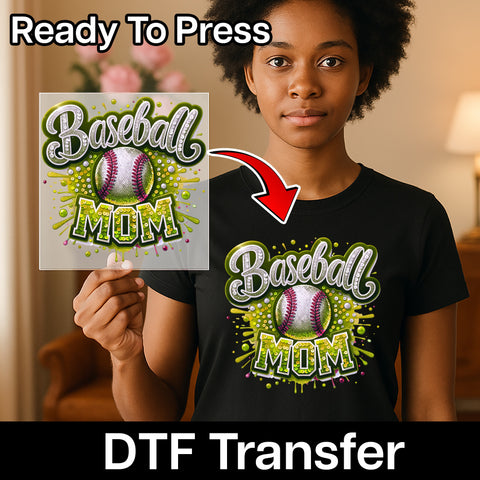 Glitzy Baseball Mom DTF Transfer Ready To Press Iron-On for Cute Sports T-Shirt Apparel