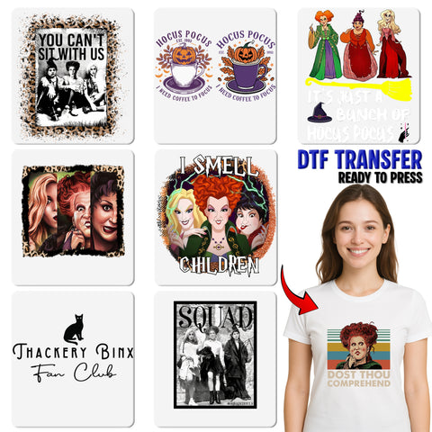 Sanderson Sisters inspired funny Halloween DTF transfer for nostalgic witchy apparel, ready to press iron-on design