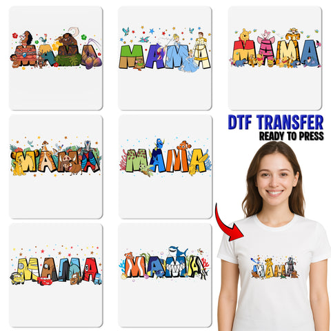 Cute Ocean Theme MAMA DTF Transfer for Cute Family T-Shirt, Ready To Press Iron-On Aquatic Cartoon Apparel, Mother's Day Gift