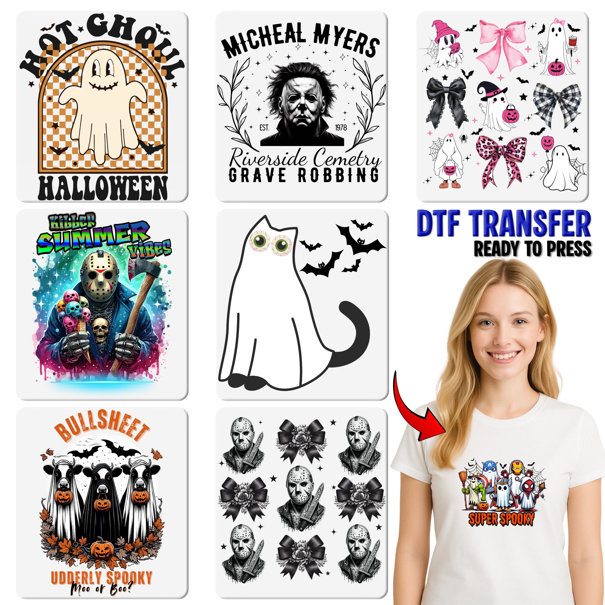 Cute Ghosts Halloween DTF Transfer Ready To Press Cute Whimsical Iron-On for Women's T-shirt Kids Apparel Fun Halloween Dress
