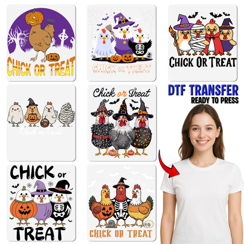 Funny 'Chick or Treat' Halloween DTF Transfer for Cute Chicken Theme Iron-On Apparel