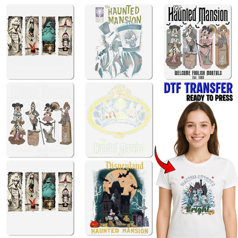 Gothic Halloween Haunted Mansion DTF Transfer - Spooky Skull Apparel Iron-On for Halloween Group T-shirt