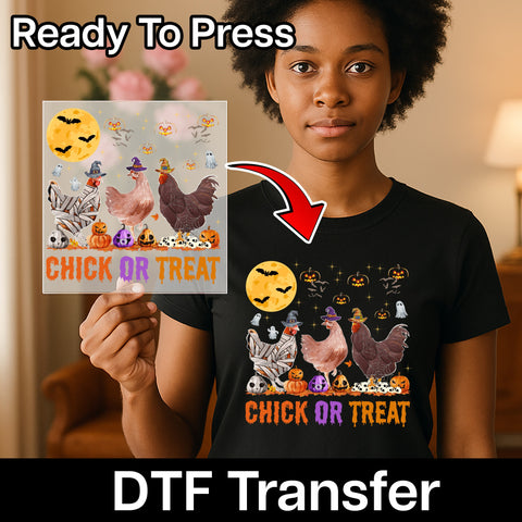 Cute Chicken Halloween DTF Transfer Iron-On Ready to Press, Funny Chick or Treat Design for T-Shirts & Apparel