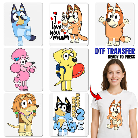 Cute Cartoon Dog DTF Transfer | Ready to Press Pet Theme Apparel | Playful Iron-On for Family Reunion or Group Event Shirts