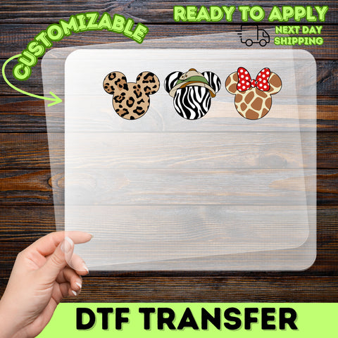 Safari Adventure Mouse Head Animal Print DTF Transfer for Family T-Shirts - Cute Disney & Jungle Theme, Ready to Press Apparel