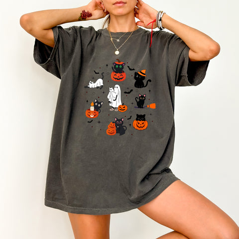Cute Halloween Black Cat & Pumpkin DTF Transfer, Ready To Press Cute Holiday Design for Cat Lovers Apparel & Tshirts