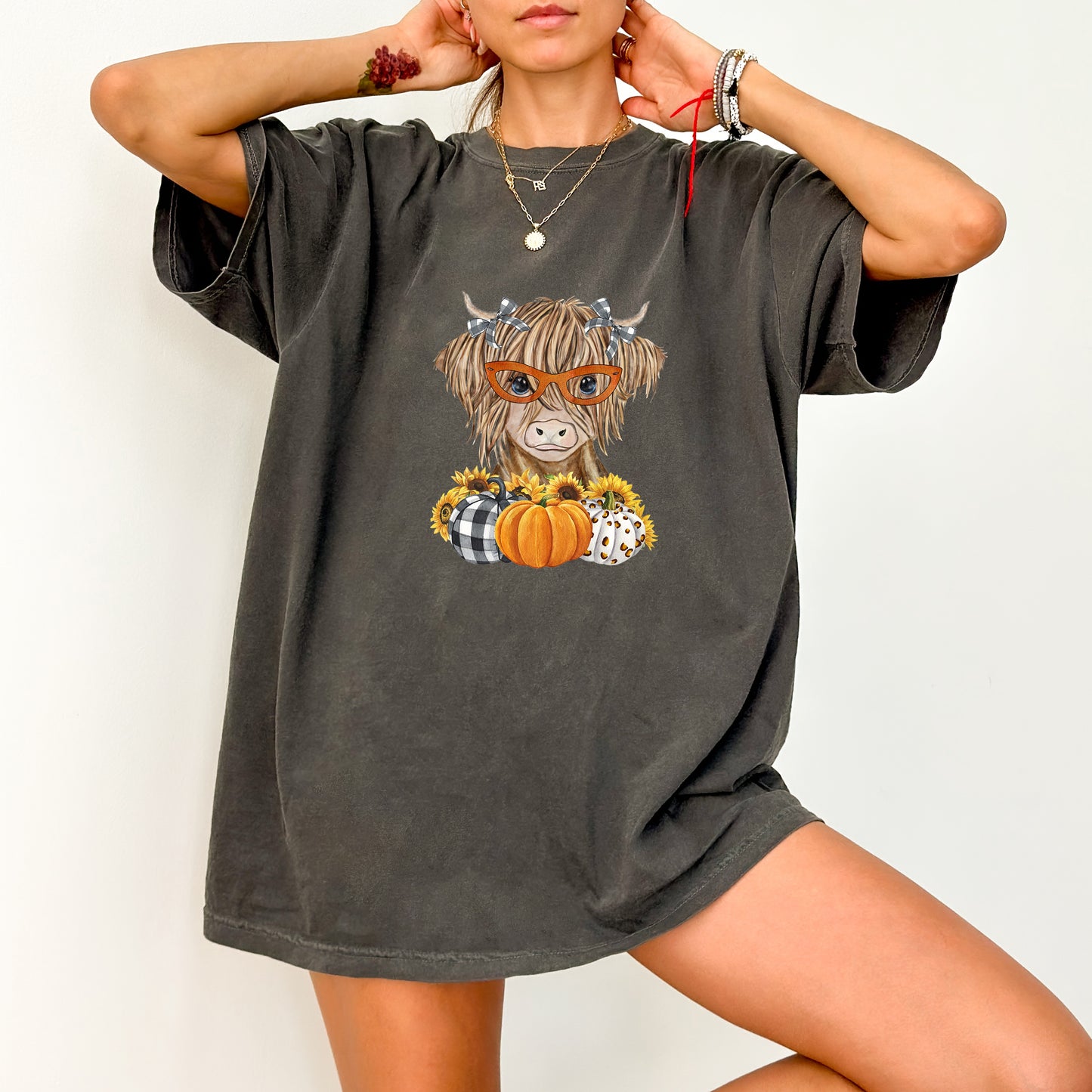 Quirky Highland Cow with Glasses Fall DTF Transfer | Cute Farmhouse Pumpkin Sunflower Iron-On for Family Sweatshirts