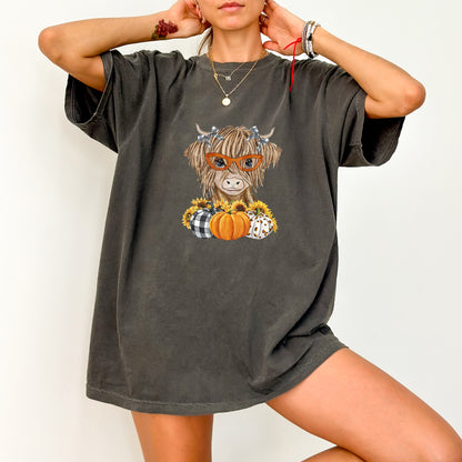 Quirky Highland Cow with Glasses Fall DTF Transfer | Cute Farmhouse Pumpkin Sunflower Iron-On for Family Sweatshirts