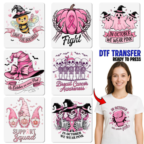 Iron-On Gothic Halloween Breast Cancer Awareness DTF Transfer - Spooky Haunted House Cute Apparel for October Events