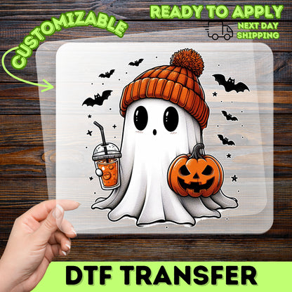 Cute Halloween Ghost with Pumpkin & Beanie DTF Transfer | Ready to Press Halloween Apparel for Families & Partygoers
