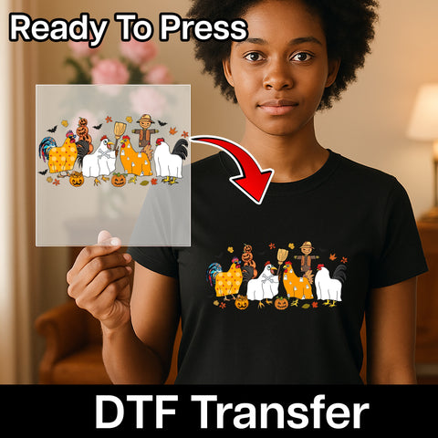 Funny Halloween Chicken DTF Transfer, Ready to Press Iron-On Design, Cute Farmhouse Holiday T-Shirt for Group Costume
