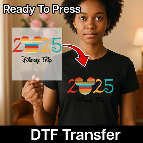 Retro Disney Trip 2025 DTF Transfer for Family Vacation Shirt, Cute Iron-On Mickey Celebration, Group Apparel Ready to Press