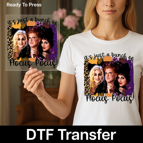 Funny Halloween "Hocus Pocus" DTF Transfer for T-Shirts & Apparel - Cute Witch Trio Design Ready to Press Iron-On