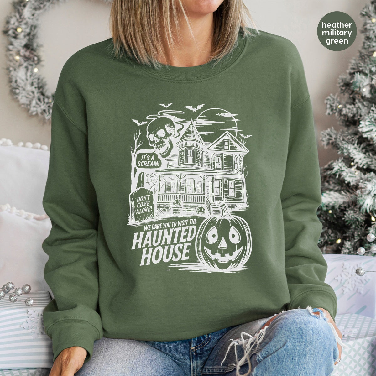 Spooky Halloween Haunted House DTF Transfer for Group Apparel - Vintage Gothic Comic Style T-shirt Design