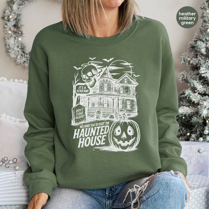 Spooky Halloween Haunted House DTF Transfer for Group Apparel - Vintage Gothic Comic Style T-shirt Design