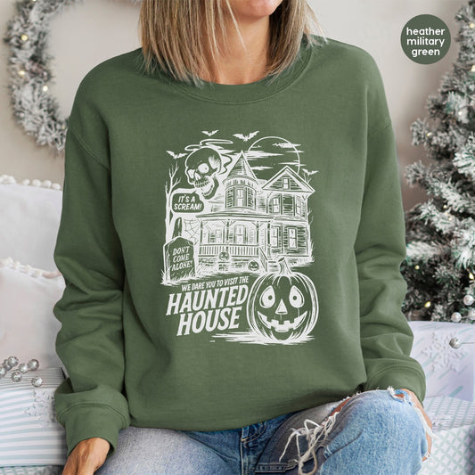 Spooky Halloween Haunted House DTF Transfer for Group Apparel - Vintage Gothic Comic Style T-shirt Design