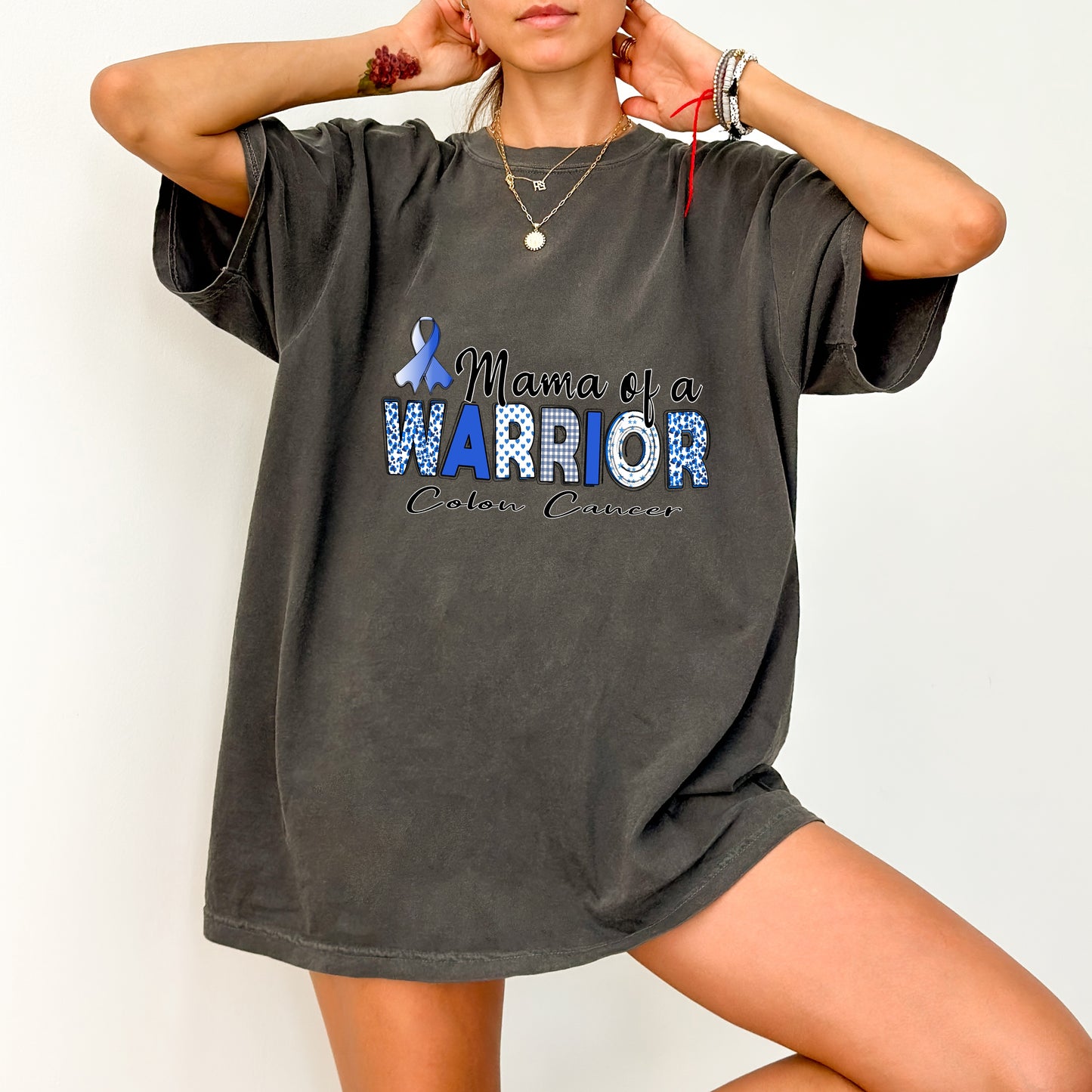 Colon Cancer Warrior DTF Transfer for Proud Mom T-Shirt | Supportive Blue Ribbon Iron-On Apparel