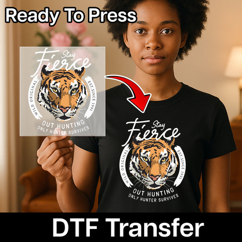 Stay Fierce Tiger Head Iron-On DTF Transfer for Wildlife Adventure Lovers & Outdoor Apparel