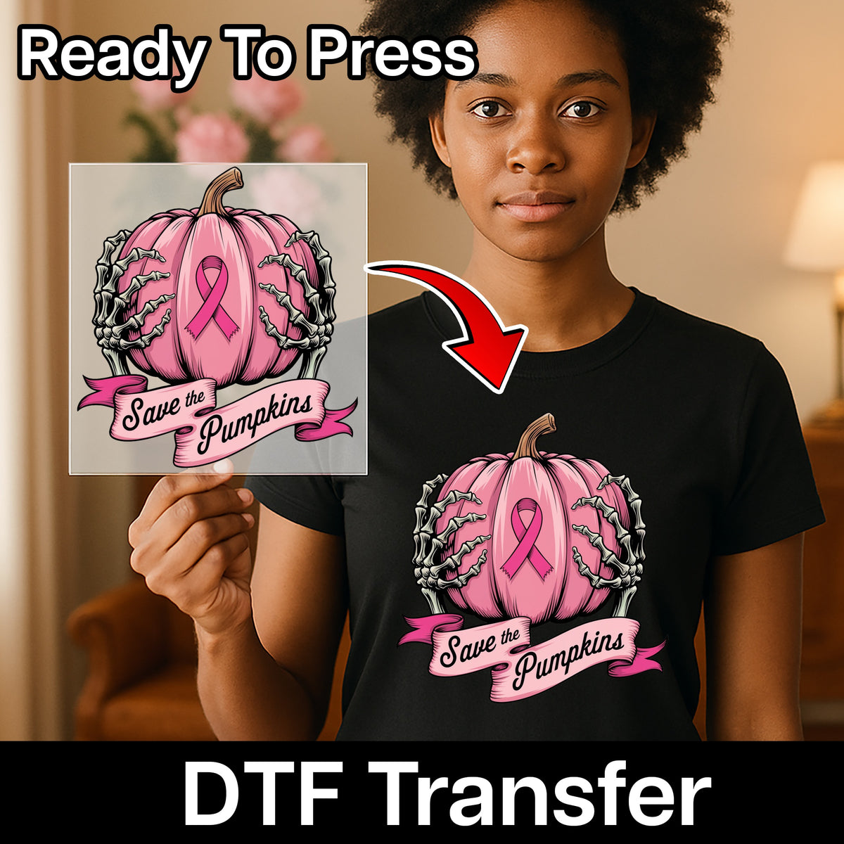 Funny Halloween Pink Pumpkin DTF Transfer Iron-On for Breast Cancer Awareness Shirt Women Save the Pumpkins Tee