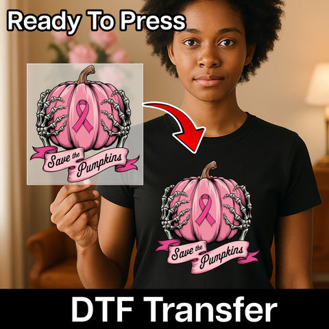 Funny Halloween Pink Pumpkin DTF Transfer Iron-On for Breast Cancer Awareness Shirt Women Save the Pumpkins Tee