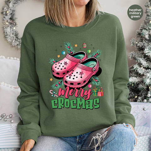 Merry Crocmas Funny Christmas DTF Transfer for Crocs Enthusiasts, Ready to Press Iron-On for T-Shirt Apparel