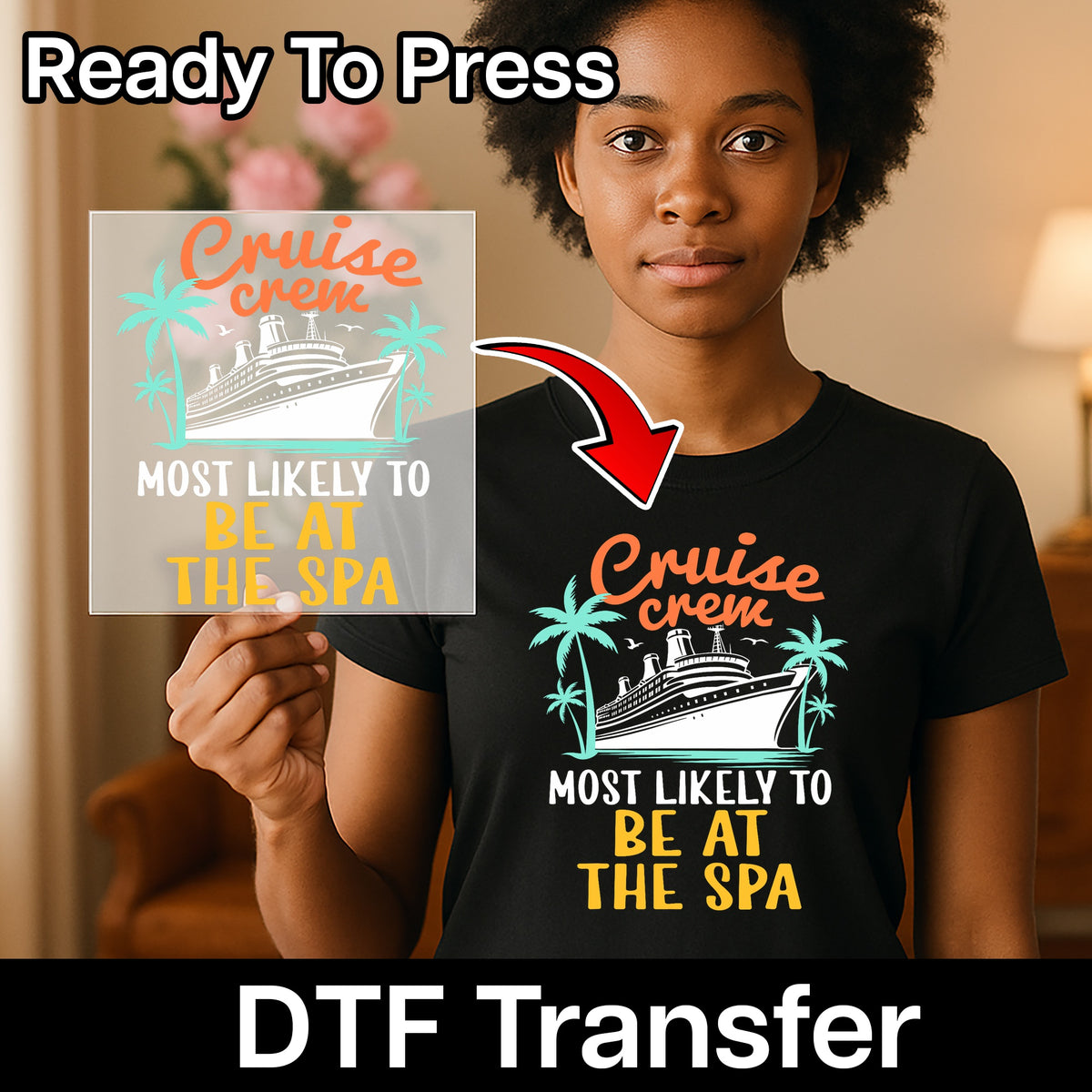 Funny Cruise Vacation DTF Transfer Ready to Press for Family & Friends T-shirt - Retro Cruise Ship & Palm Trees Design