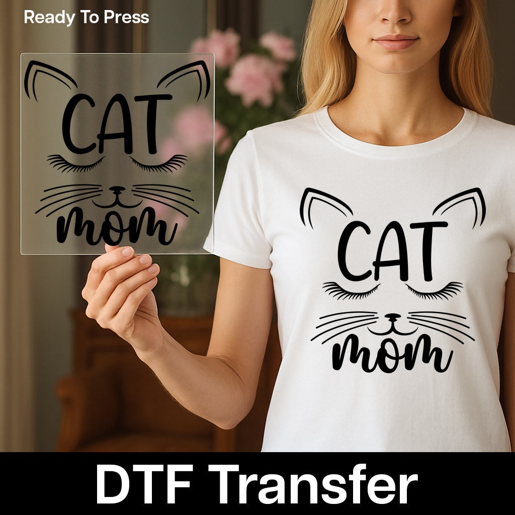 Cat Mom DTF Transfer | Cute Cat Ears & Whiskers Iron-On for Shirts | Black & White Minimalist Cat Lover Apparel | Ready To Press Gift