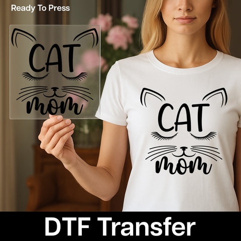 Cat Mom DTF Transfer | Cute Cat Ears & Whiskers Iron-On for Shirts | Black & White Minimalist Cat Lover Apparel | Ready To Press Gift