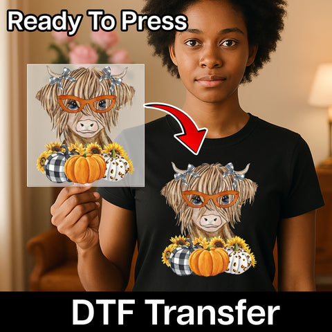 Quirky Highland Cow with Glasses Fall DTF Transfer | Cute Farmhouse Pumpkin Sunflower Iron-On for Family Sweatshirts