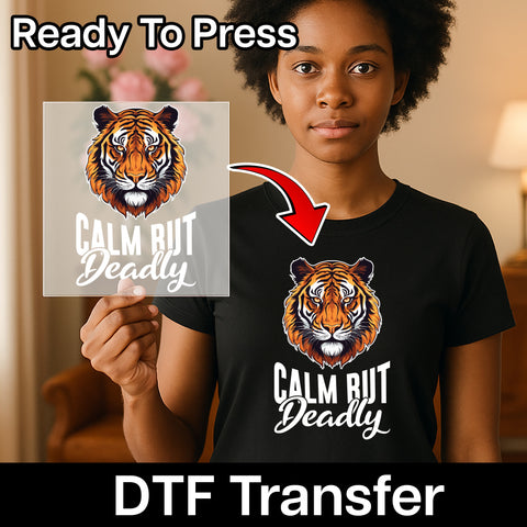 Iron-On Calm But Deadly Tiger DTF Transfer for Bold Animal Motif T-Shirt & Apparel, Sports Team Graphic, Wildlife Gift