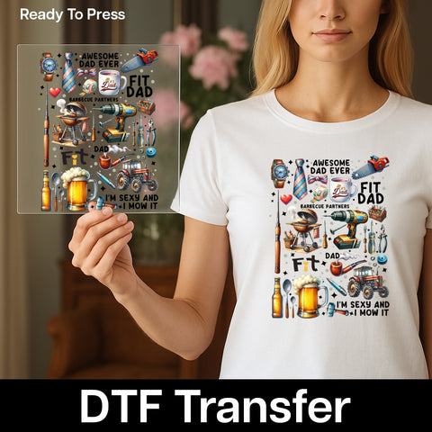 Funny Father's Day DTF Transfer Ready To Press Iron-On, Retro #1 Dad Grill Tools Beer Collage for T-Shirts & Sweatshirts, Gift from Kids