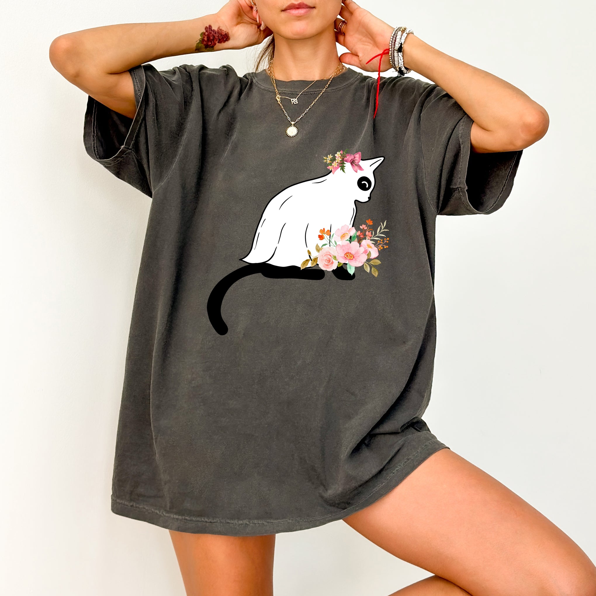 Cute Whimsical Cat Silhouette Floral DTF Transfer for Women & Teens Apparel, Iron-On Ready to Press Nature-Inspired T-Shirt