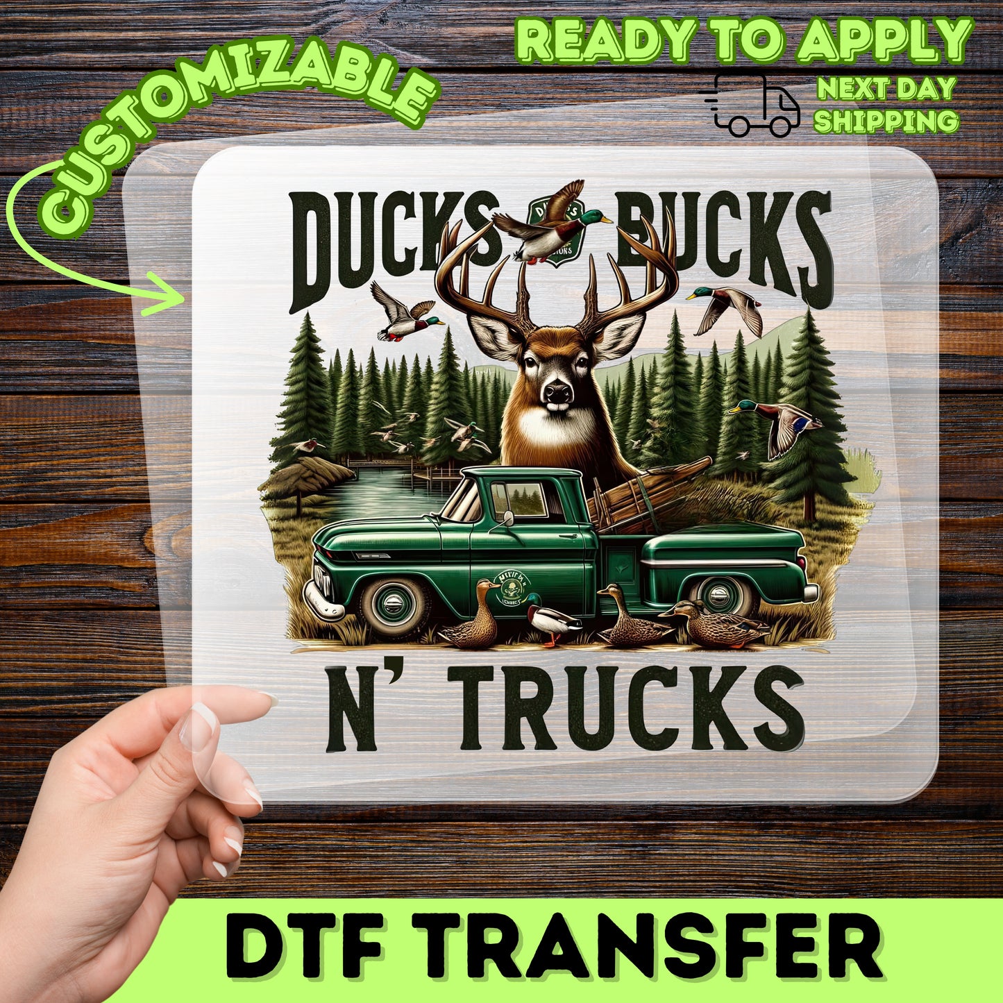 Retro Ducks & Trucks DTF Transfer for Hunting Apparel, Outdoor Adventure Wildlife Design, Vintage Buck & Truck Ready To Press