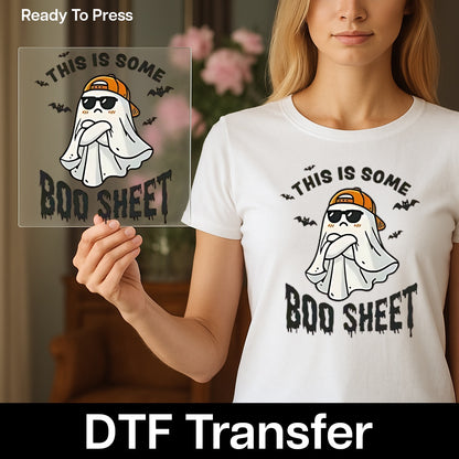 Funny Ghost Halloween Iron-On DTF Transfer, Ready To Press Boo Sheet Shirt Apparel for Teens & Adults