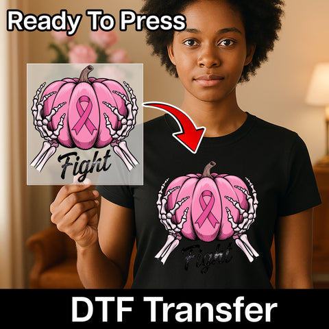 Breast Cancer Awareness Halloween Pink Pumpkin DTF Transfer Iron-On T-Shirt for Supporters & Events