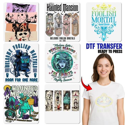 Iron-On Spooky Halloween Gothic Haunted Mansion DTF Transfer Funny Night T-Shirt for Halloween Lovers & Gothic Enthusiasts