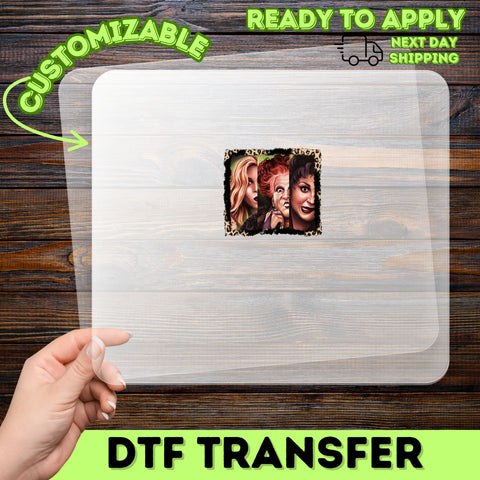 Funny Witch-Themed Female Trio DTF Iron-On Transfer for Halloween Apparel, Ready to Press Leopard Print Design for Women's Shirts