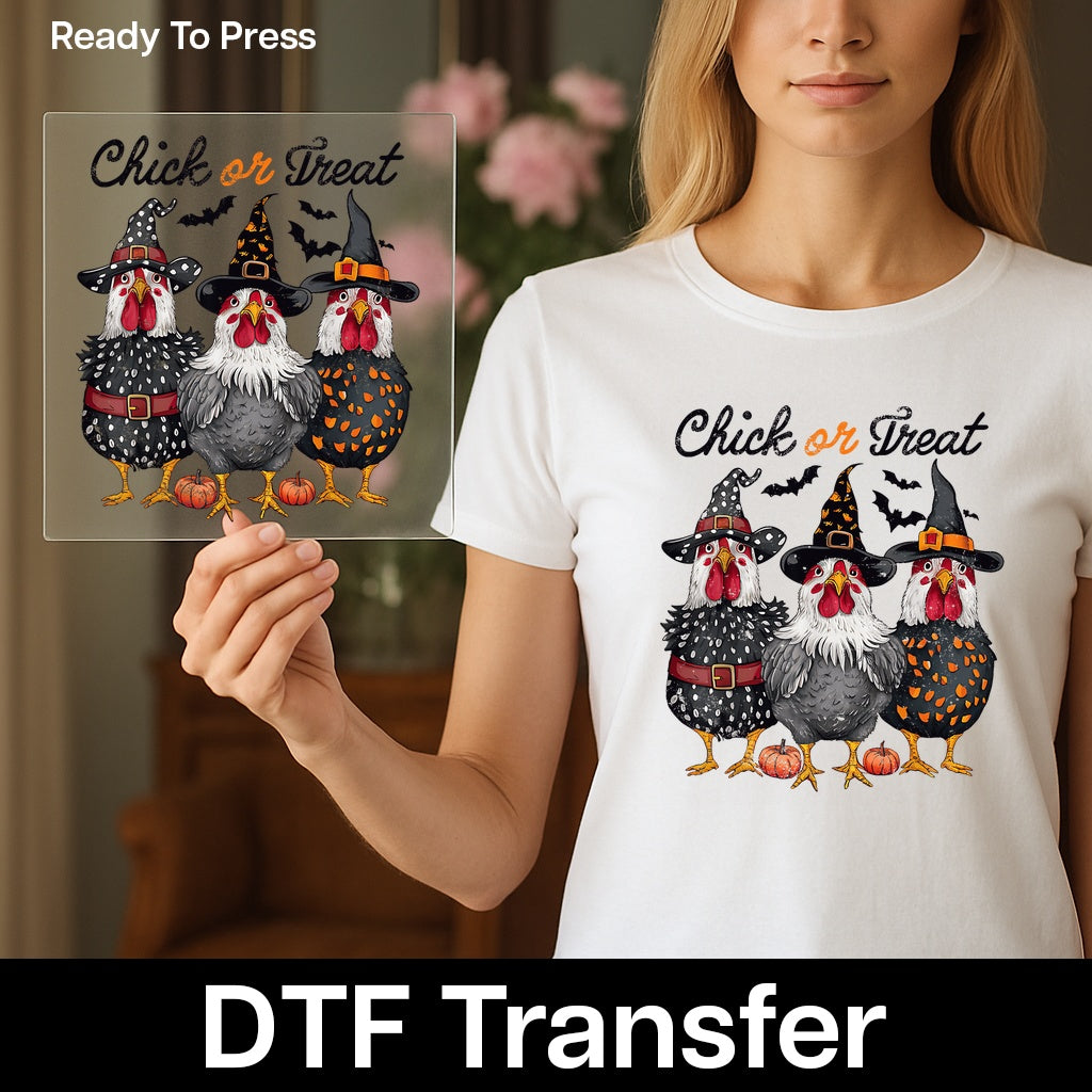 Iron-On Funny Halloween Chick or Treat DTF Transfer for T-Shirts & Apparel - Cute Witch Chicken Ready To Press Design