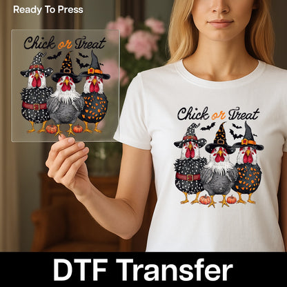 Iron-On Funny Halloween Chick or Treat DTF Transfer for T-Shirts & Apparel - Cute Witch Chicken Ready To Press Design
