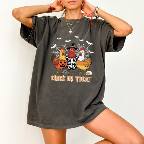 Chick or Treat Iron-On Funny Halloween DTF Transfer Cute Chicken Costume Apparel for Farm Enthusiasts & Families