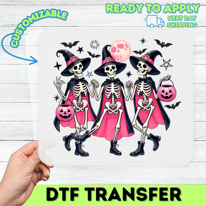 Cute Halloween Skeleton Witch DTF Transfer Iron-On for Group Costumes & Trick-or-Treat Apparel