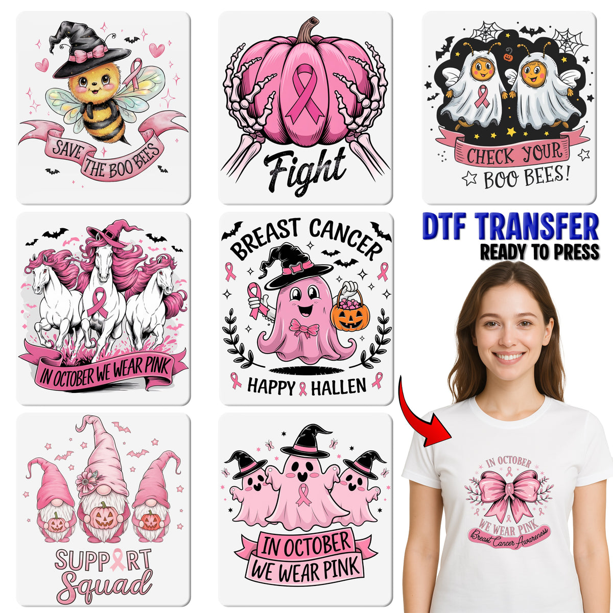 Cute Pink Ghost Breast Cancer Awareness Halloween DTF Transfer for Women's Shirt - Ready To Press Iron-On Design