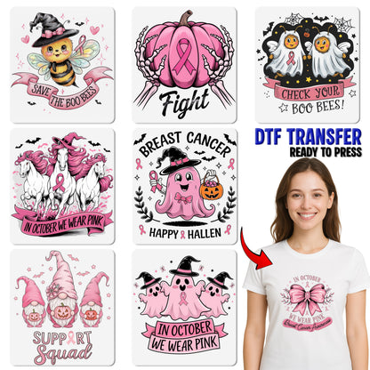 Cute Pink Ghost Breast Cancer Awareness Halloween DTF Transfer for Women's Shirt - Ready To Press Iron-On Design