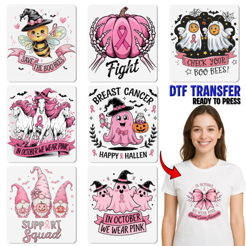 Cute Pink Ghost Breast Cancer Awareness Halloween DTF Transfer for Women's Shirt - Ready To Press Iron-On Design