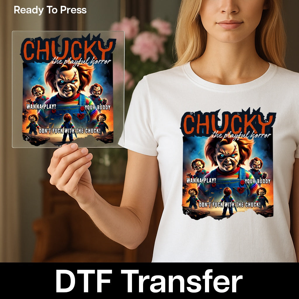 Funny Halloween Chucky Horror DTF Transfer Iron-On Ready To Press for Unisex Adult Apparel