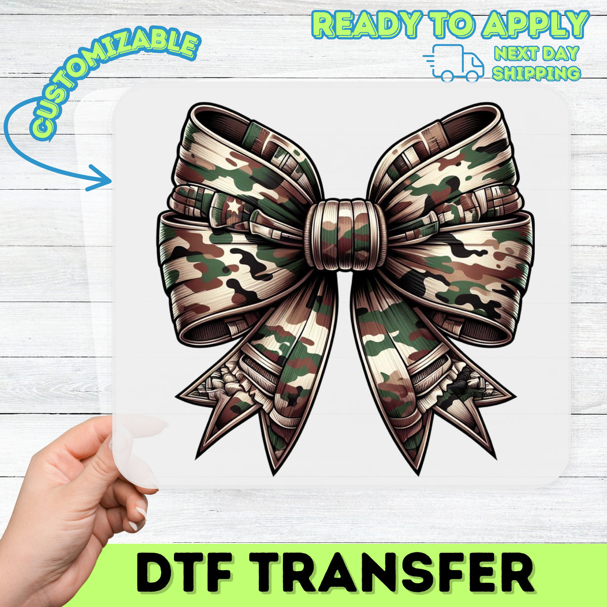 Camouflage Bow DTF Transfer for Outdoor Enthusiasts & Military Families - Realistic Army Green Nature Print for Apparel