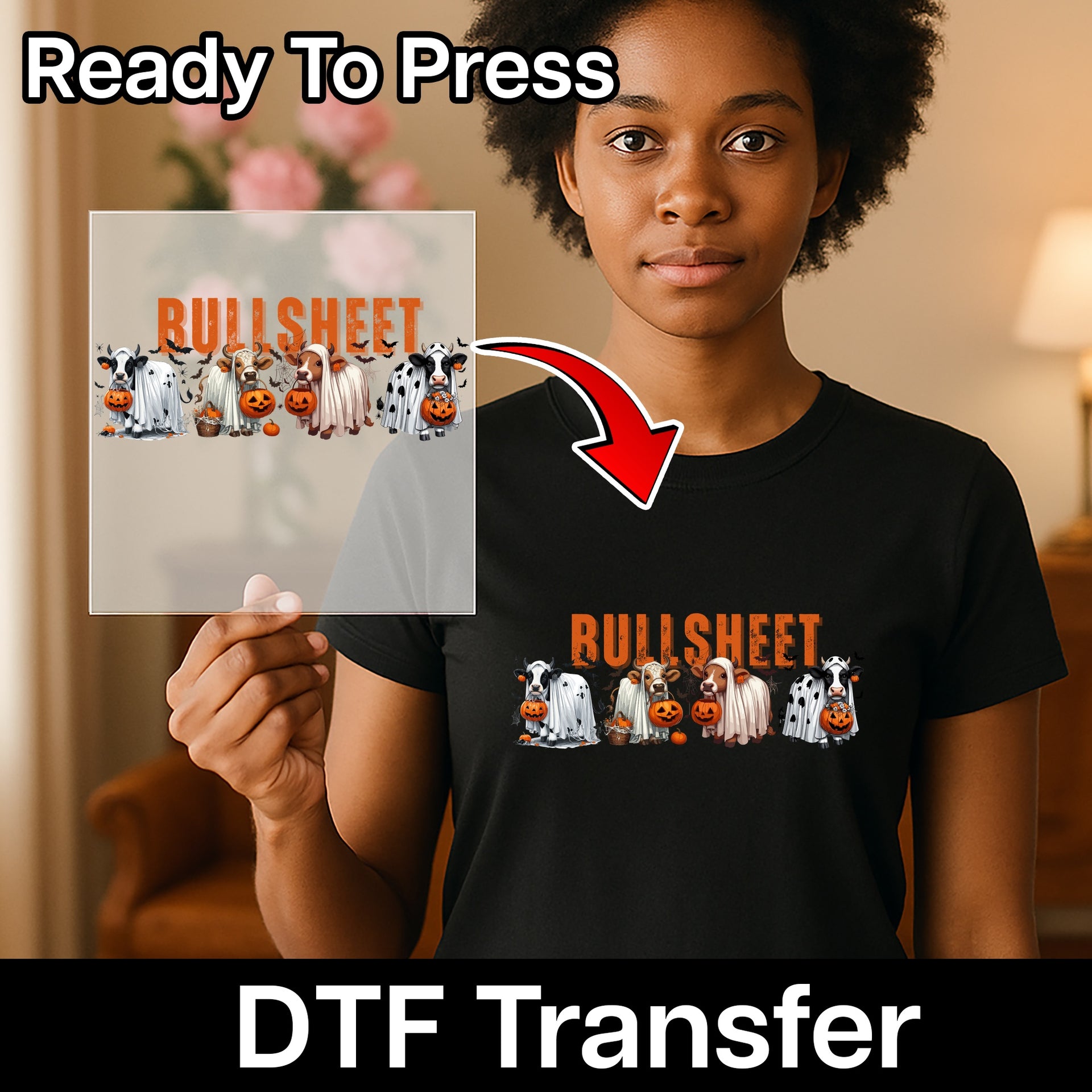 Funny Cow Ghost Halloween DTF Transfer for Women Shirt Iron-On Ready to Press Farm Life Humor