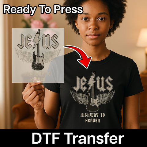 Highway to Heaven Jesus Guitar Wings DTF Transfer for Christian Rock Fans, Ready to Press Apparel Design, Faith T-Shirt Graphics