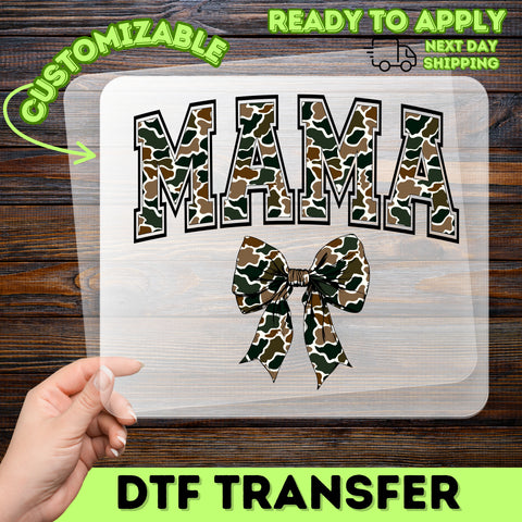 Cute Camouflage Mama DTF Transfer for Mother's Day Apparel, Ready to Press Rustic Boho Camo Shirt Design